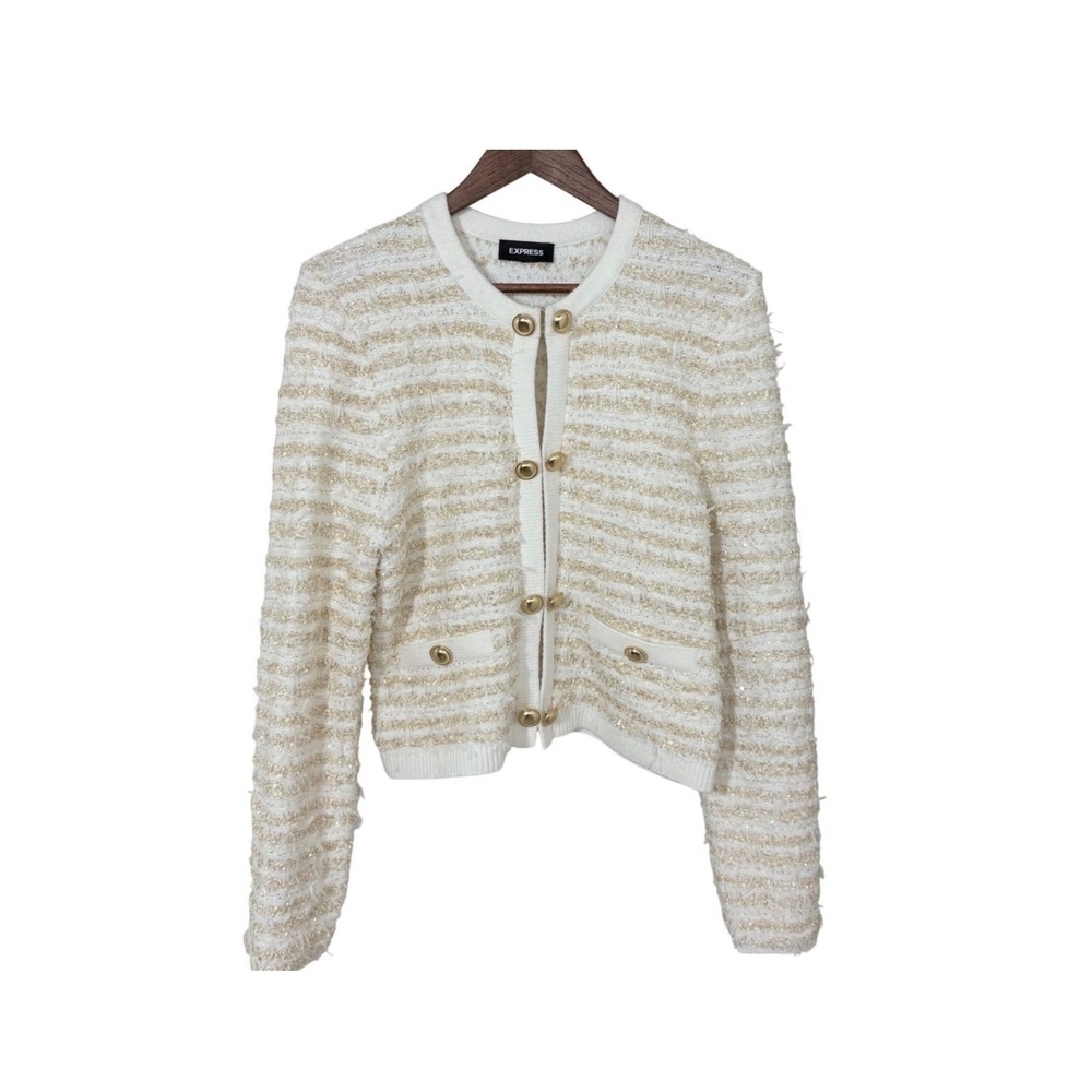 Express Womens M Lady Jacket Cream Gold Tweed Knit Cardigan Old Money Classic - Picture 3 of 12